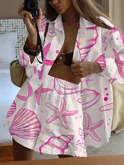Summer Fashion Print Beach Holiday 2-Piece Set Women Long Sleeve Shirt Top+Wide Legs Short Women Oversized Two-Piece Outfit