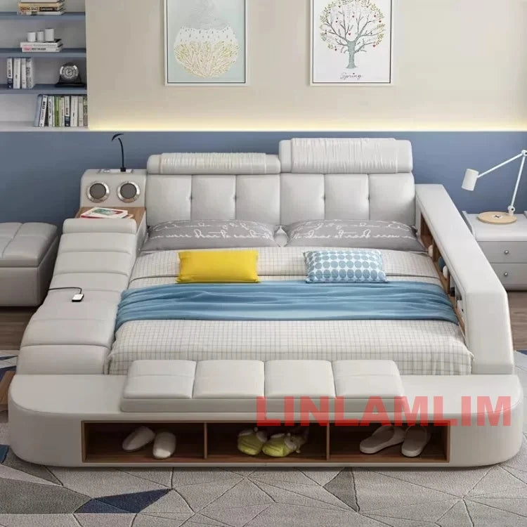 MINGDIBAO  All In One Bed, Luxury Multifunctional Genuine Leather Bed Frame with Tatami, Tech Smart Ultimate Lit 2 Personnes