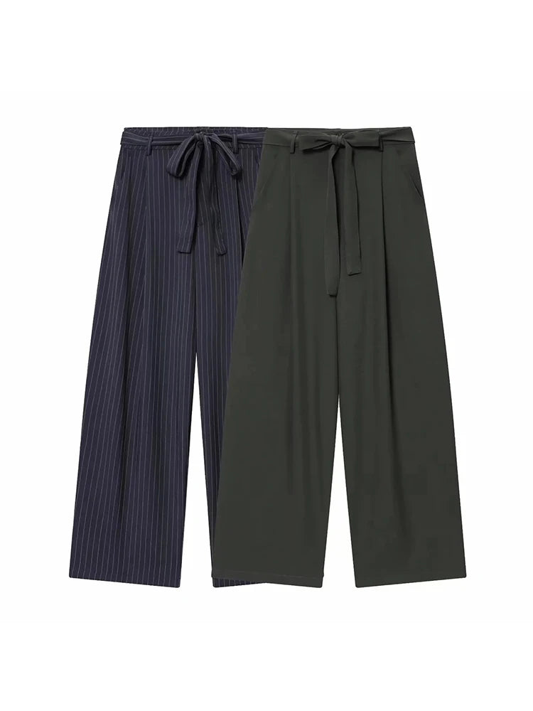 Women Fashion 2-Piece Set Single-breasted Sleeveless V-Neck Pinstripe Vest+Summer Pleated Loose Pocket Belt Zipper Pants