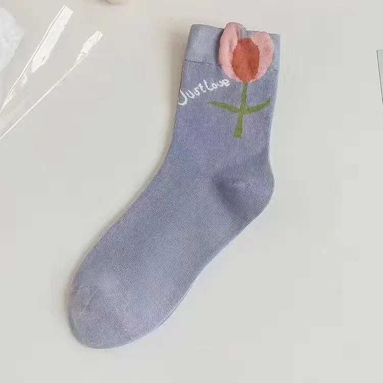 New Style Crew Socks for Women Spring Fashion Cute Flower Long Cotton Socks Japanese Style Breathable Casual Trendy Absorb Sweat