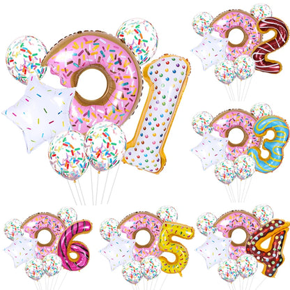 7pcs Donut Number Foil Balloons Set 1st 2nd Girls Birthday Party Decorations Candy Confetti Balloon Baby Shower Wedding Globos