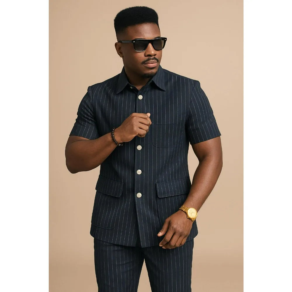Safari Suits for Men Striped Men Suits with Short Sleeves 2 Pieces Set Summer Stripe Short Sleeve Shirt Pants Business Outfit