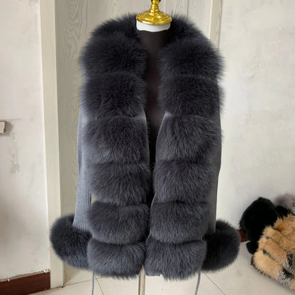 Women's Real Fox Fur Cardigan Jacket Spring and Autumn with Knitted Sweaters and Real Fox Fur Collar Women Raccoon Fur Cardigan