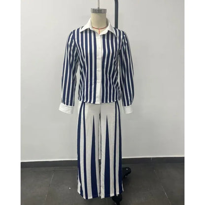 Spring Autumn Fashion Striped Printed Long Sleeve Shirt Women Suit Wide Leg Pocket Pants Female Office 2piece Set Including Belt