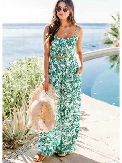 Women's Fashion Print Halter Sexy Short Top + Wide Leg Pant Suit Summer Casual Simple Sweet About Elegant Female Pant 2piece Set