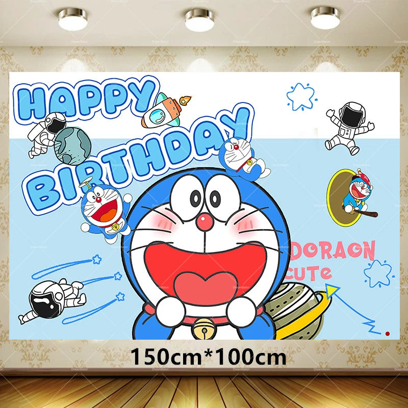 Doraemoned Balloons Cartoon Blue Jingle Cat Party Decoration Supplies Happy Birthday Banner Disposable Tableware Kid Cake Topper