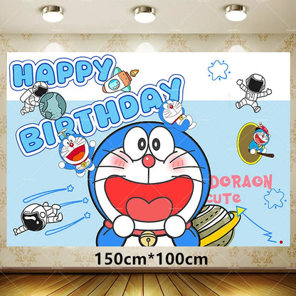 Doraemoned Balloons Cartoon Blue Jingle Cat Party Decoration Supplies Happy Birthday Banner Disposable Tableware Kid Cake Topper