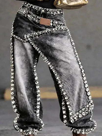 SHENGPALAE Women Jeans Wide Leg Layered Patchwork Washed Rhinestone Decor Asymmetric Streetwear Fashion Summer 2026 New 05E02954