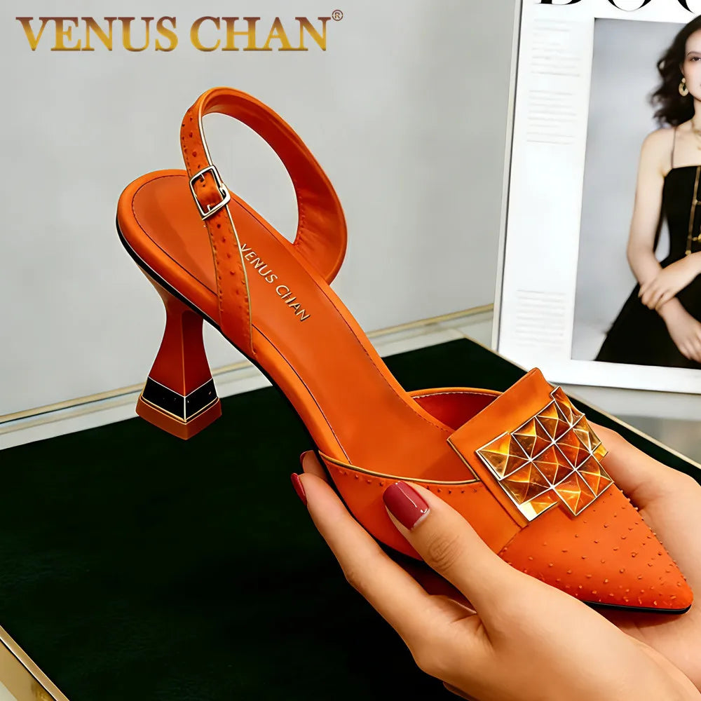 2026 Elegant Green Rhinestone Slingback Heels by Venus Chan - Italian Designed Pointed Toe Bridal Evening Party Shoes