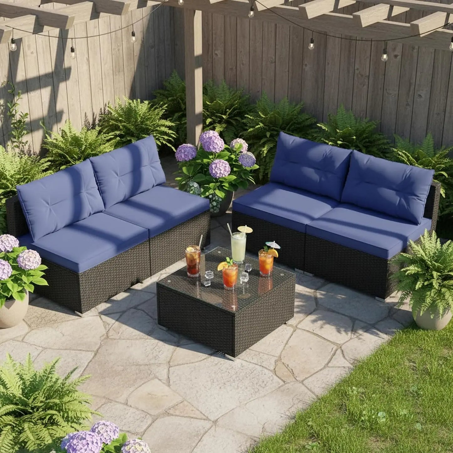 5 Piece Rattan Sofa Set, Patiojoy Outdoor Wicker Furniture Set with Seat & Back Cushions, Square Coffee Table,, Customized