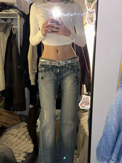 American Vintage Y2K Low Waist Bell Bottom Jeans Women's Wear Faded Slimming Crack Design Heavy Duty Dragging Pants Straight Leg