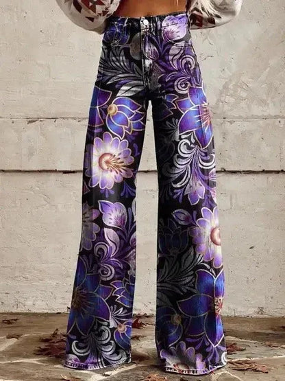 Women's 3D Printed Flare Jeans-Polyester Wide Leg Pants with Distressed Vintage Look, High Waist Comfort Fit for Street Fashion