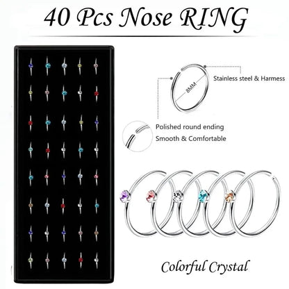 Fashion Crystal Stainless Steel Nose Stud Piercing for Women Hypoallergenic 1.8mm Nose Ring Straight/L/Screw Shaped Body Jewerly