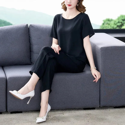 Cotton Silk Suit Summer Women's Sets New Casual Solid Color Short Sleeve Ankle-Length Pants 2 Piece Set Middle Age Mother Outfit