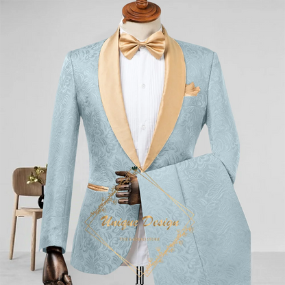 Champagne Men's Suit 2-Piece Set Satin Shawl Lapel Jacquard Jacket Pants Elegant Set for Wedding Groom Summer Party Dating Prom
