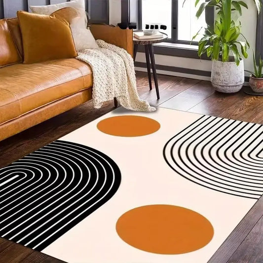 Low Pile Area Mat Modern Abstract Non Slip Black White Stripes Orange Circles Plush Dot Backing Machine Washable Living Room