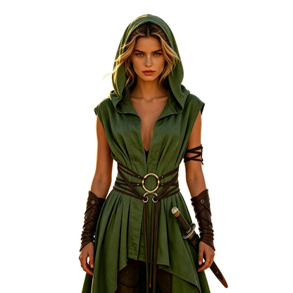 Women Irregular Hem Renaissance Elf Tunic Robe Medieval Ranger Hooded Sleeveless Cloak Belt for LARP Halloween Witch Hunter
