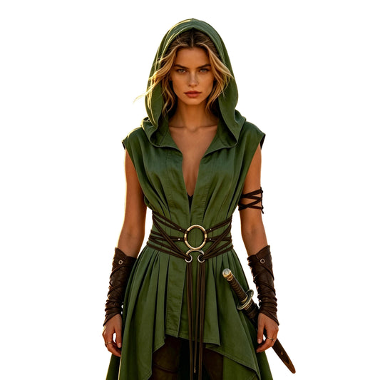 Women Irregular Hem Renaissance Elf Tunic Robe Medieval Ranger Hooded Sleeveless Cloak Belt for LARP Halloween Witch Hunter