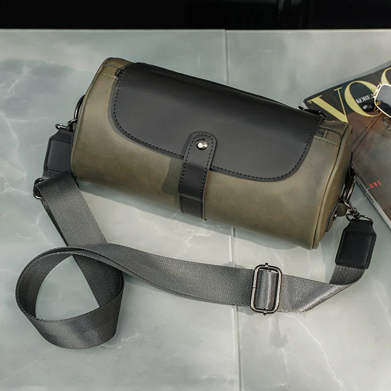 Retro Fashion Men's Crossbody Bags PU Leather Barrel-Shaped Shoulder Bag Men Crossbody Bag Flap Bucket Sling Mobile Phone Bag