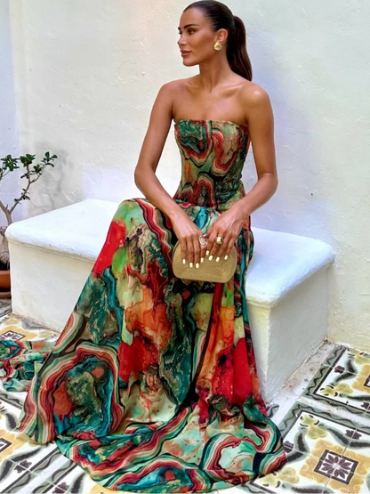 New Pleated Waist Strapless Dress Women's Printed Colorful Long Gown Elegant Fashionable Summer Dress