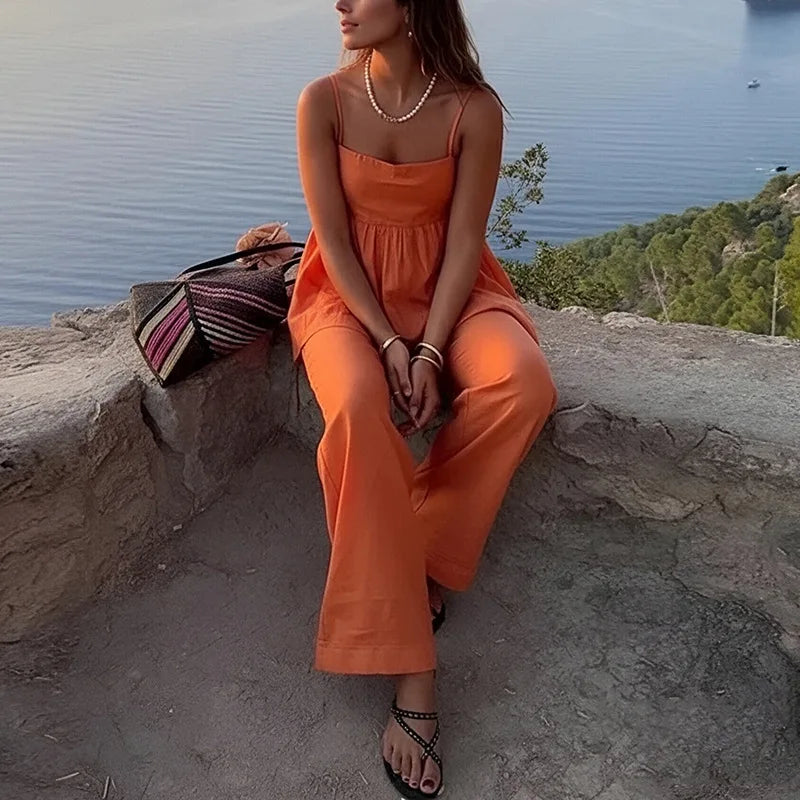 Women's Fashion Orange Linen Cotton Two Piece Sets Summer Sleeveless Sling Top & Straight Pant Casual Beach Holiday Outfits