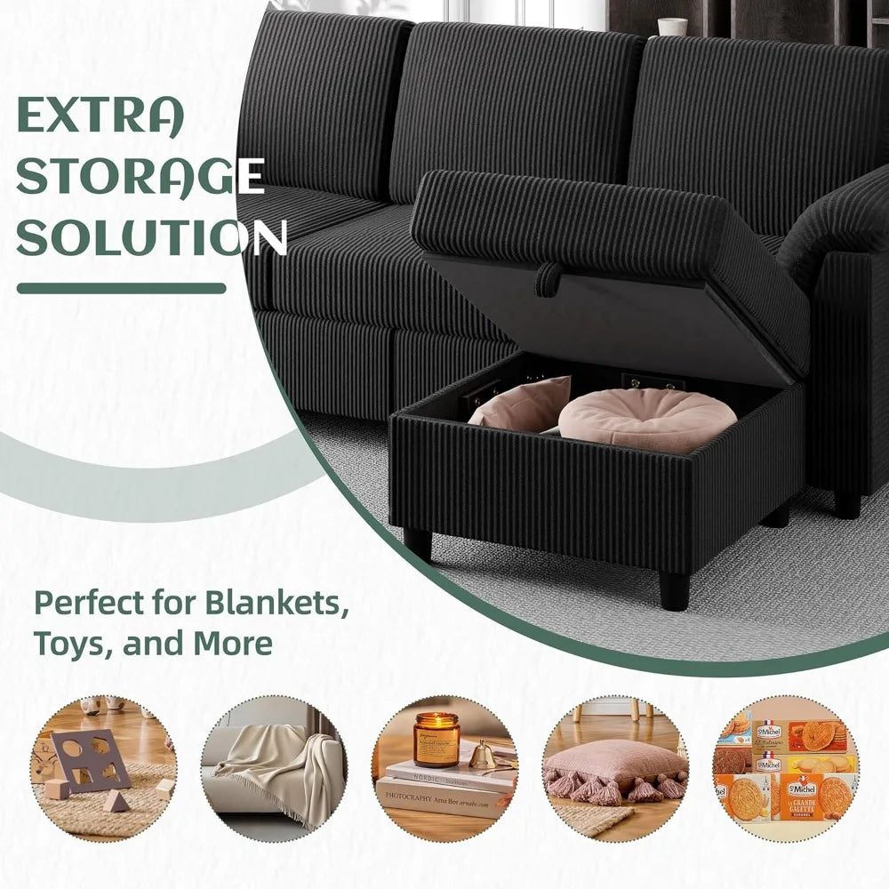 Convertible Sectional Couch 3 Seat L-Shaped Sofa with Pillows Corduroy for Living Room Apartment Office Black