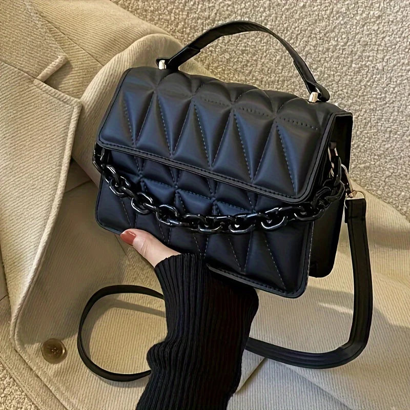 Quilted Rhombus Small Handbag for Women, Retro Thick Chain Flap Square Purse, Versatile Crossbody Shoulder Bag for Daily Outfit