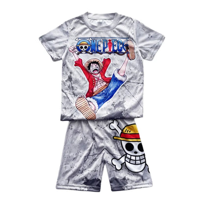 2026 New One Piece Monkey D. Luffy Kids Pajama Set Short Sleeve T-shirt & Shorts Anime Sleepwear Soft Breathable Loungewear