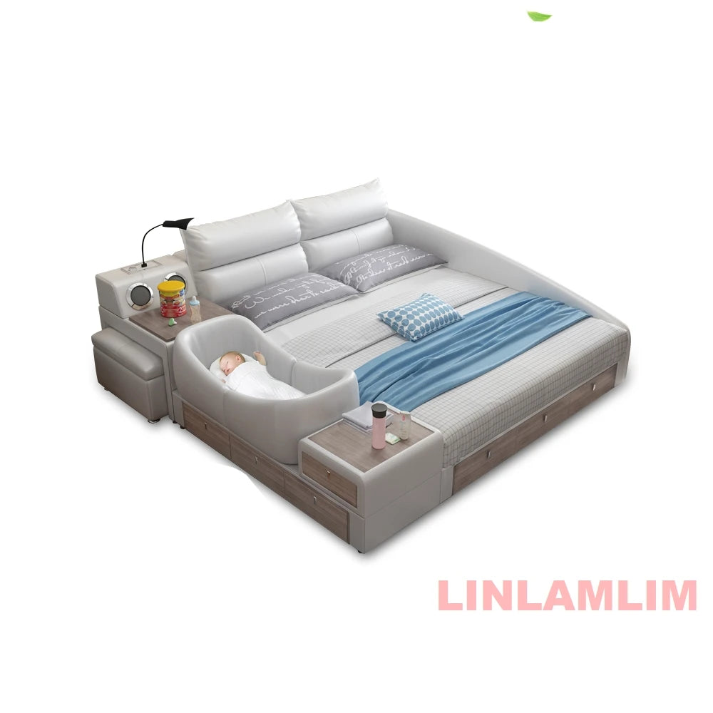 Modern Multifunctional Genuine Leather Platform Bed Frame, King Size Upholstered Family Bed with Integrated Baby Crib, Drawers