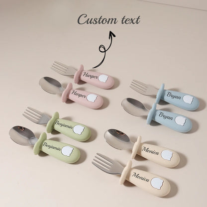 Custom Name Baby Panda Spoon Fork Set | First Self Feeding Utensils for Toddlers Stainless Steel Weaning Set with Travel Case