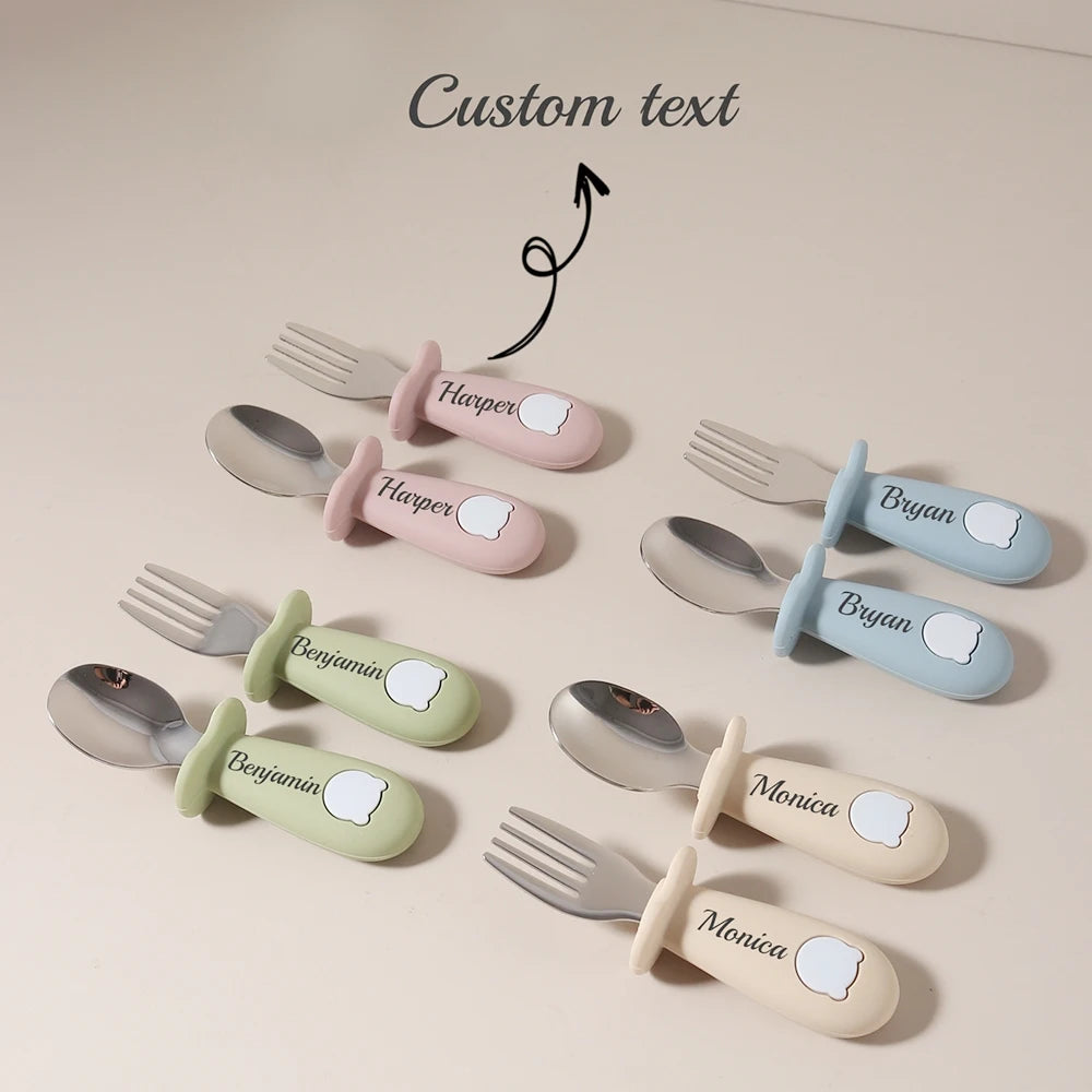 Custom Name Baby Panda Spoon Fork Set | First Self Feeding Utensils for Toddlers Stainless Steel Weaning Set with Travel Case