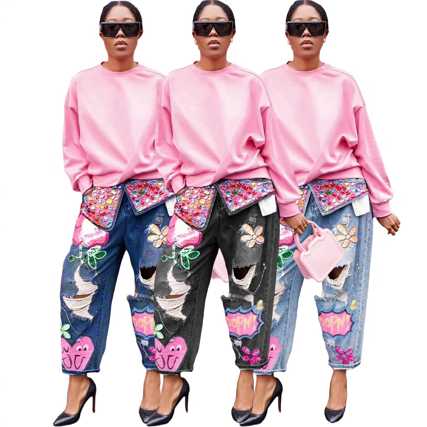 Women Denim Pant Jeans Print Floral Long Pants Hot Drilling High Waist Straight Trousers Y2k Streetwear Elegant Hole Work 2026