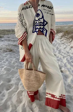 Summer Casual Shirts Two Piece Outfits 2 Pieces Set For Woman New In Matching Sets Blouse For Woman Temperament Vacation Printed