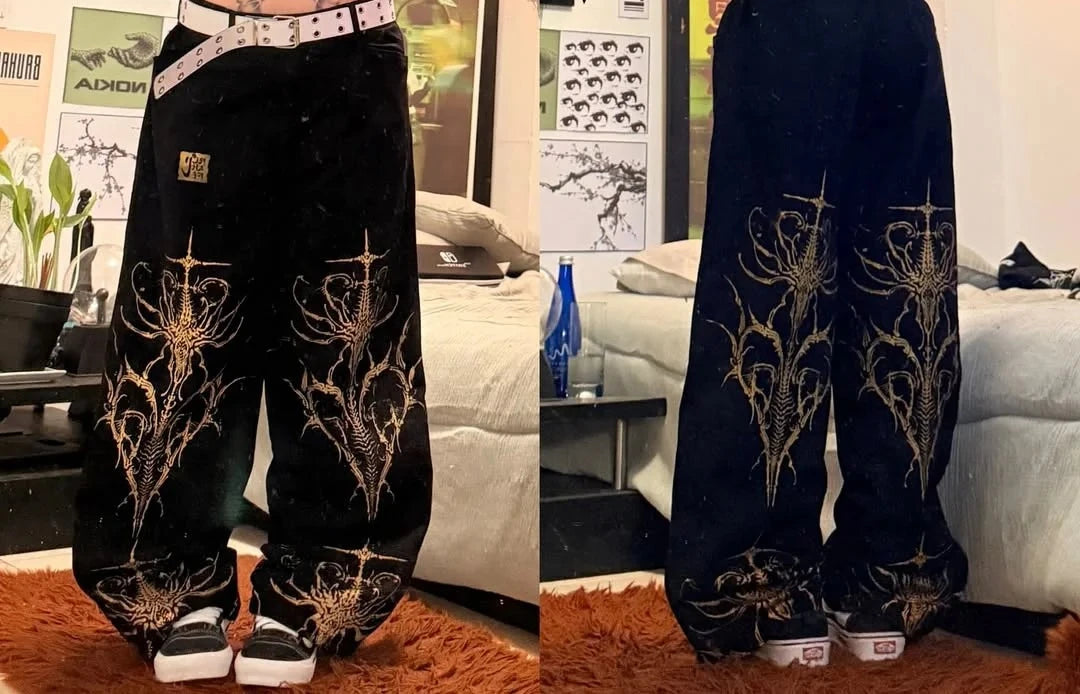 Y2K Gothic Punk Baggy Pants Women Red White Tribal Flame Print Wide Leg Trousers Vintage Grunge Streetwear Alt Clothing