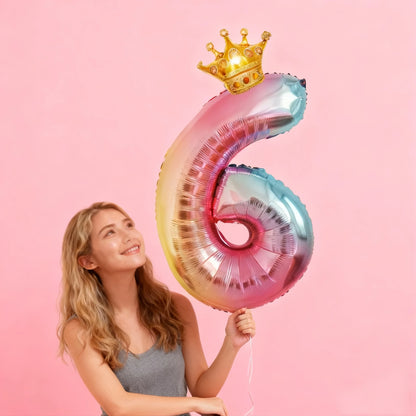 32Inch Gradient Number Crown Balloons 1-9 Digit Foil Helium Balloon Baby Shower Kids And Children's Birthday Party Decoration