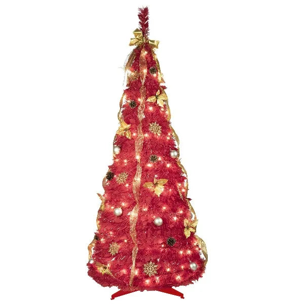 6FT Prelit Full Pop Up Christmas Tree with 150 Warm LED Lights, Gold and Red Ribbon, Bows, Balls Ornaments Easy Assemble Collapsible Xmas Trees Holiday Party Decor