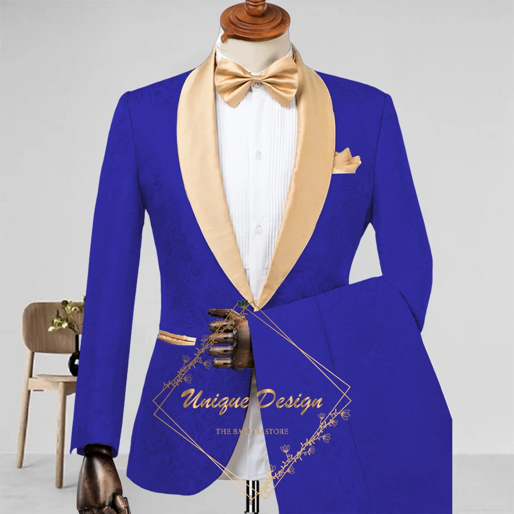 Champagne Men's Suit 2-Piece Set Satin Shawl Lapel Jacquard Jacket Pants Elegant Set for Wedding Groom Summer Party Dating Prom