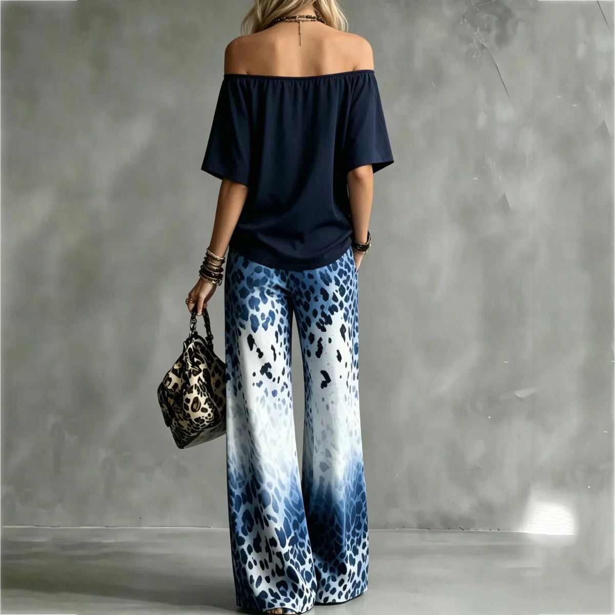 Summer Women Off Shoulder Short Sleeve Top Gradient Leopard Print Wide Leg Pants Two Piece Boho Casual Fashion Matching Suit New