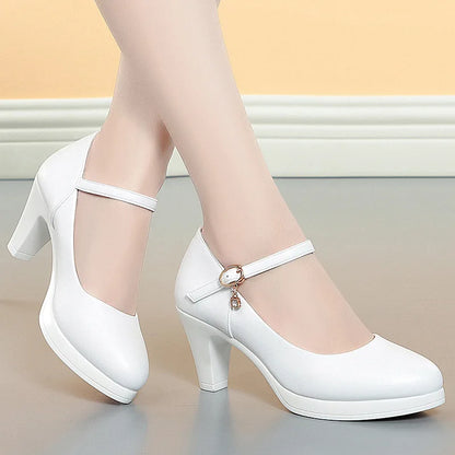 Fashion Soft Leather Silver Red Wedding Shoes Women Mid heel Black Heels Platform Pumps Women for Office high heels Shoes Large