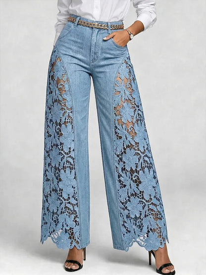 Women High Waist Lace Spliced Wide Leg Denim Jeans Loose Flowy Casual Daily Trousers