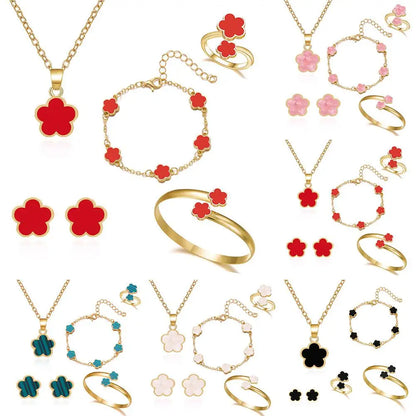 5 Pcs Set Jewelry Stainless Steel Five Leaf Clover Bracelets For Women Elegance French Niche Necklaces Bracelets Earrings