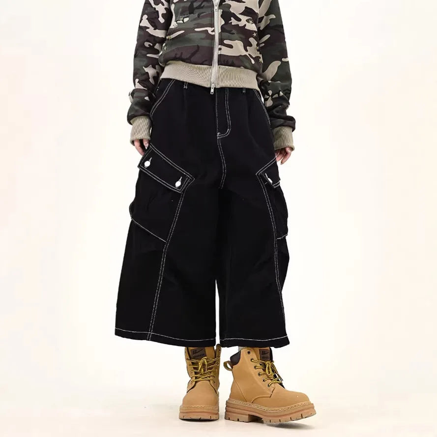 Retro American Washed Multi-Pocket Workwear Denim Shorts Unisex Black Summer Street Loose Seven-Foot Trendy Jeans Cotton