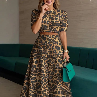 Women Elegant Solid Two Piece Sets Summer Short Sleeve Button-down Crop Blouse Top High Waist Wide-leg Pants Set Casual Outfits