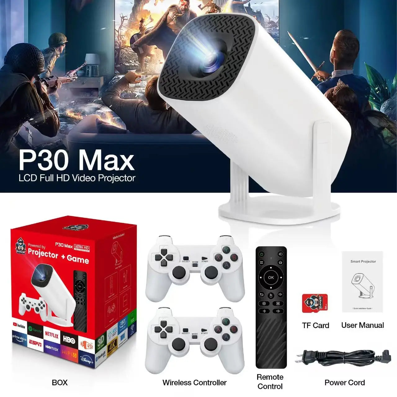 3D Game Projector P30MAX Retro Video Game Console Wireless Controller 4K ULTRA HD Plug and Play Android11 BT5.0 720P Home Cinema