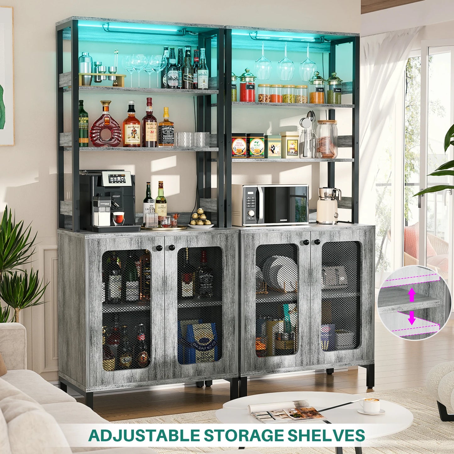 67" Tall Bar Cabinet with LED Lights And Glass Holder - Wine Liquor Cabinet with Power Outlets for Living Room Coffee Bar Station Microwave Stand Bakers Rack, White Oak