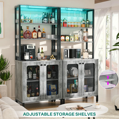 67" Tall Bar Cabinet with LED Lights And Glass Holder - Wine Liquor Cabinet with Power Outlets for Living Room Coffee Bar Station Microwave Stand Bakers Rack, White Oak