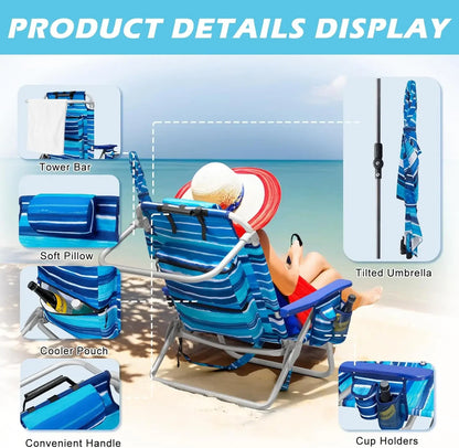 Backpack Beach Chair with Adjustable Umbrella, Folding Lounge Chair for Adults, Includes Cup Holder