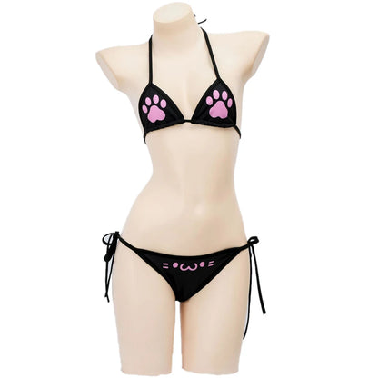 Anime Kawaii Girl Cute Cat Paw Bikini Swimsuit Women Claw Pattern Three Point  Underwear Set Costume Cosplay