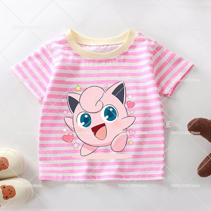 Cartoon Pokemon Stripe T Shirt Cute Pikachu Eevee Bulbasaur Baby Boy Girl Summer Tops Kawaii Toddler Short Sleeve Tee Shirts