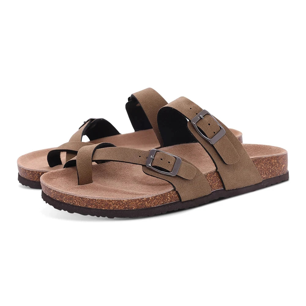 Comwarm Classic Cork Slippers For Women New Fashion Suede Flats Sandals Summer Couple Beach Slides Shoes With Adjustable Buckle